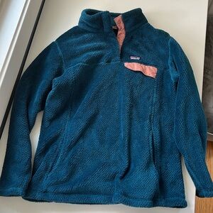 Patagonia Kids XL fleece pullover half button up blueish green with dusty pink